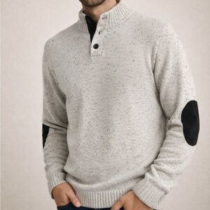 Chaps Men’s XL Mock Neck Henley Sweater white Speckled Knit w/ elbow‎ patches